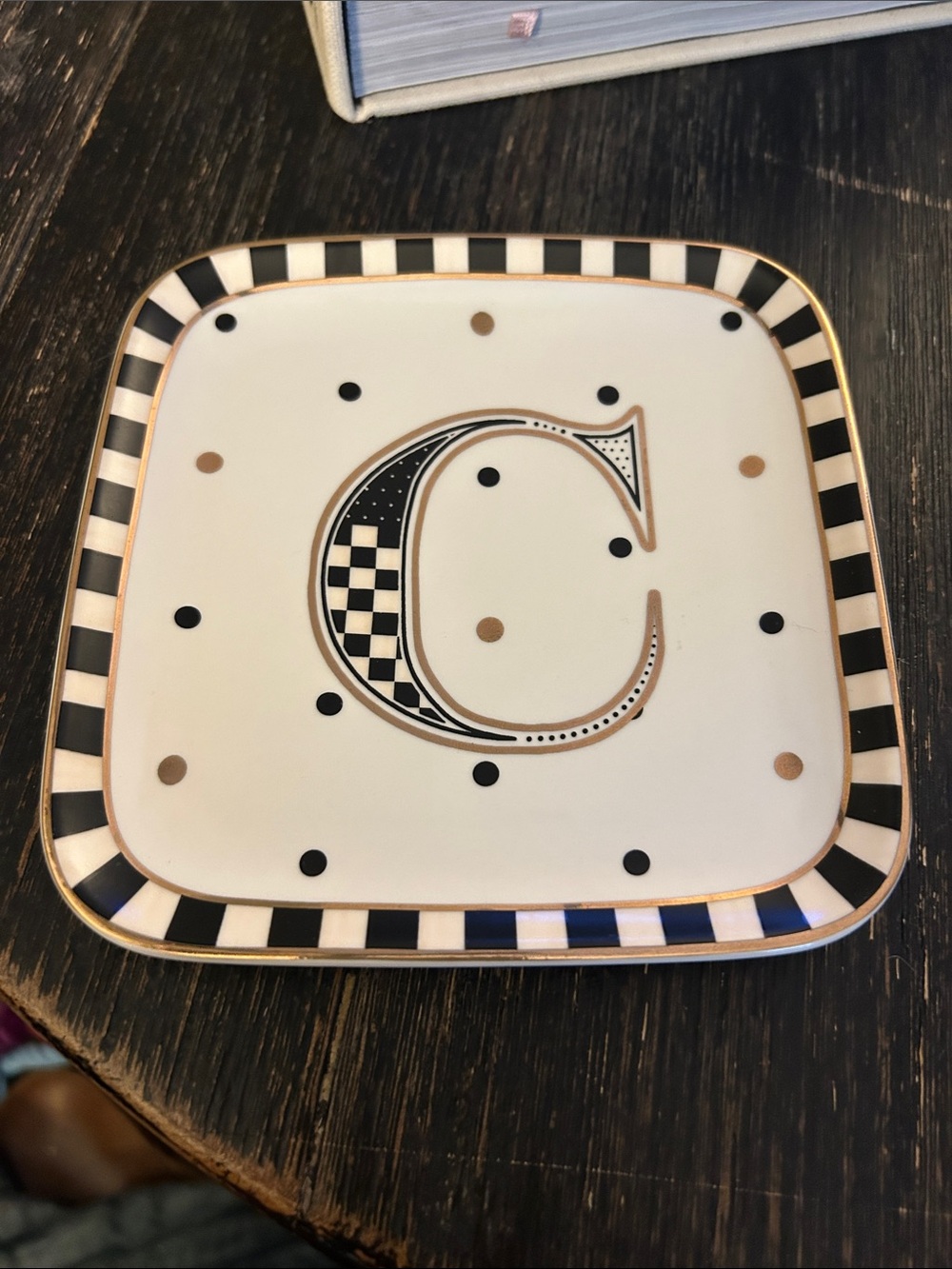 C Initial Mackenzie Childs Ceramic Trinket Dish in Black, White & Gold